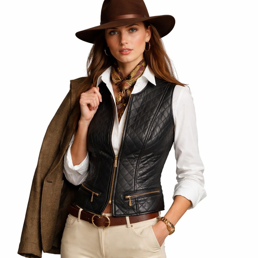 Clifford & Wills Black Quilted Leather Vest‎ Zip Equestrian Western Y2K Vintage